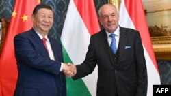 Presiden China Xi Jinping (kiri) berjabat tangan dengan Presiden Hongaria Tamas Sulyok sebelum pembicaraan resmi mereka di Blue Hall istana kepresidenan di Budapest, Hongaria, 9 Mei 2024. (Noemi BRUZAK / POOL / AFP)